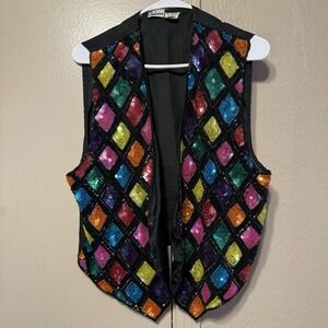 VTG Sequin Vest Womens XL 100% Silk Diamond Pattern Disco Party Glam Cher Core